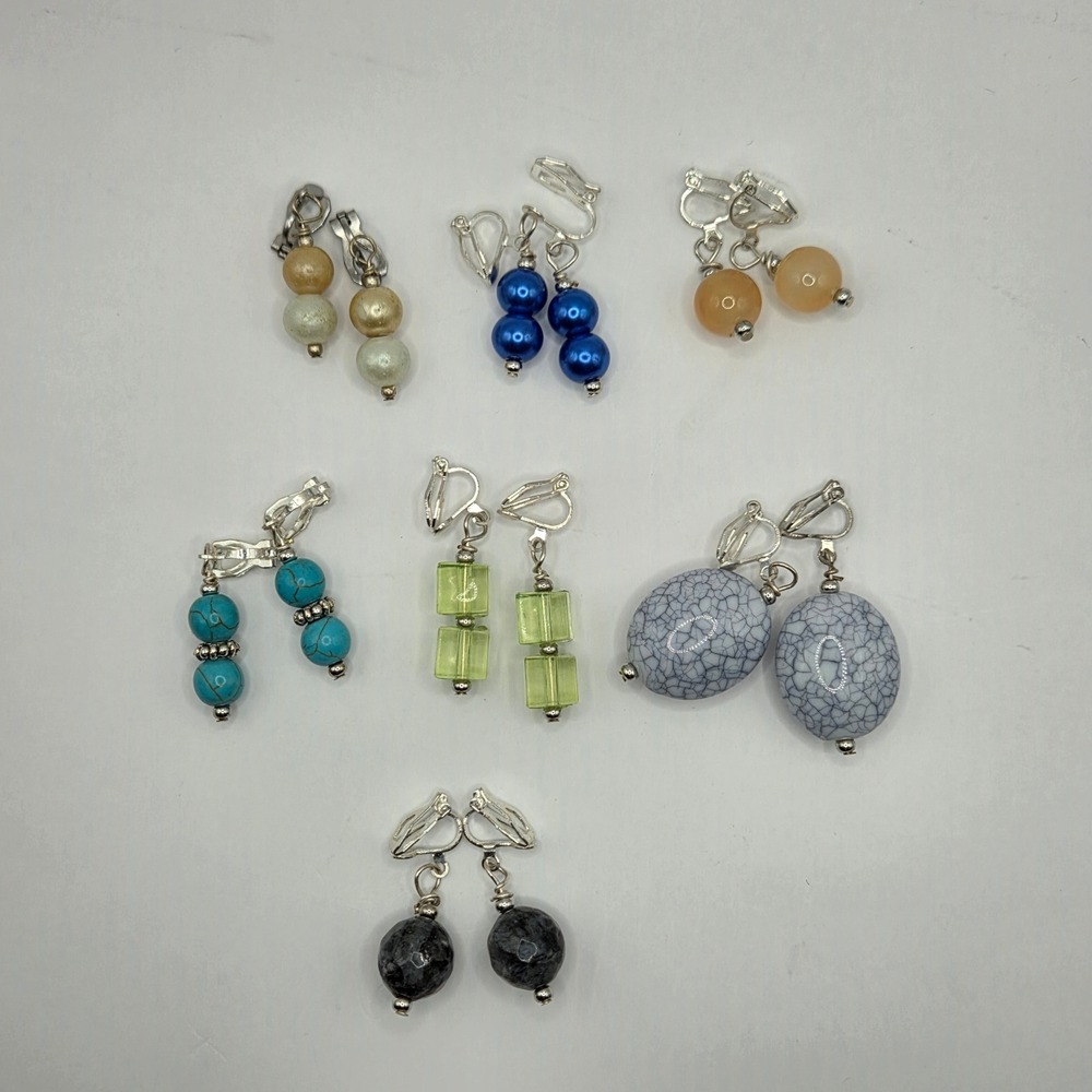 Lot of 7 Clip On Earrings Mixed Bead Stone Glass arylic Costume Jewelry